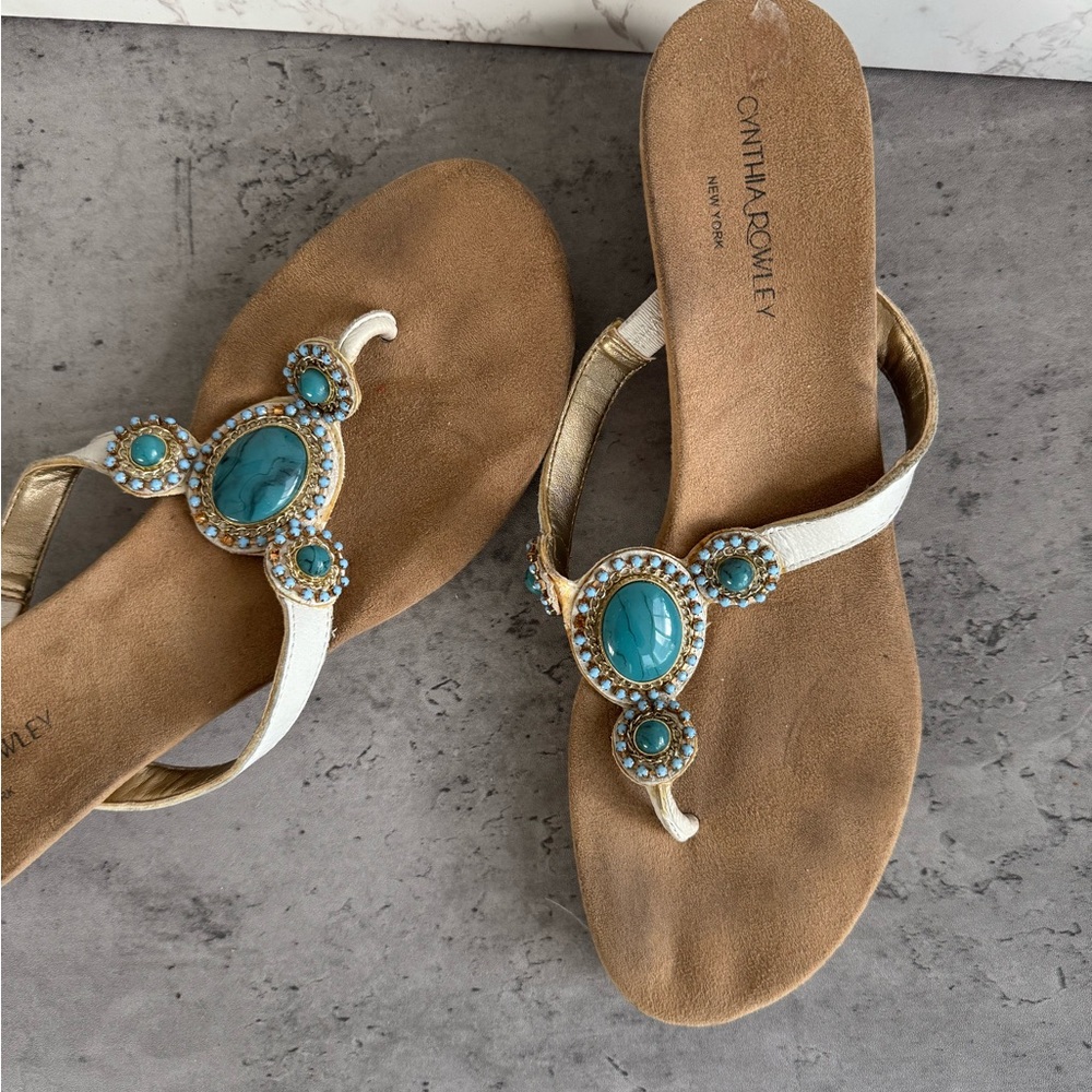 Cynthia Rowley White with Blue Stone Wedge Sandals with Stylish Design